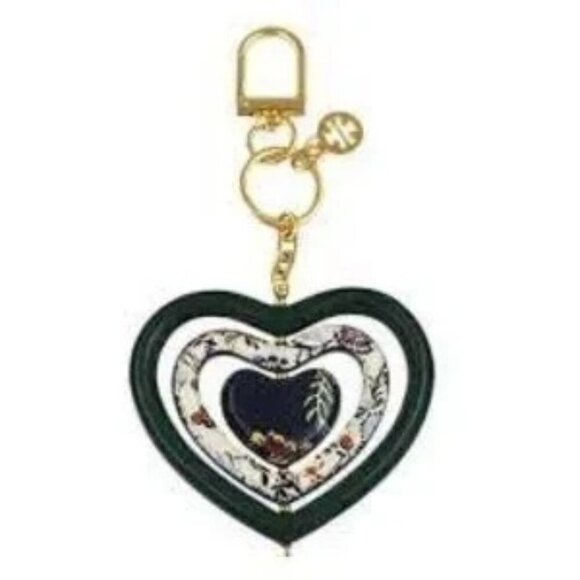 Tory Burch Green Heart Spinner Floral Leather Keychain - Picture 1 of 7